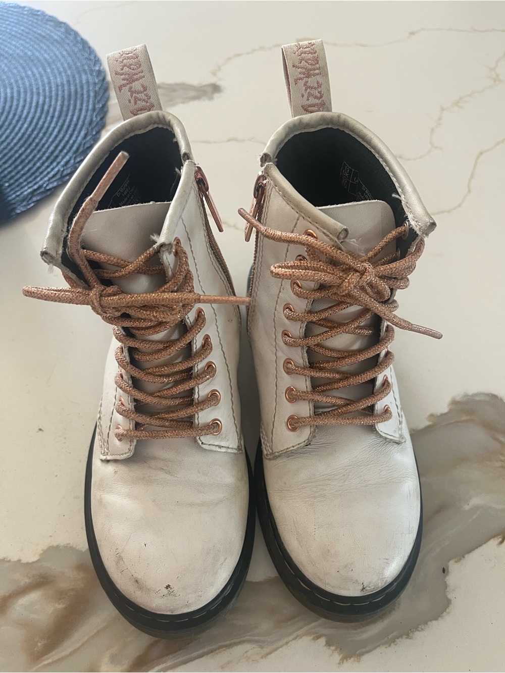 Dr. Martens Kids White Boots with Rose Gold Laces